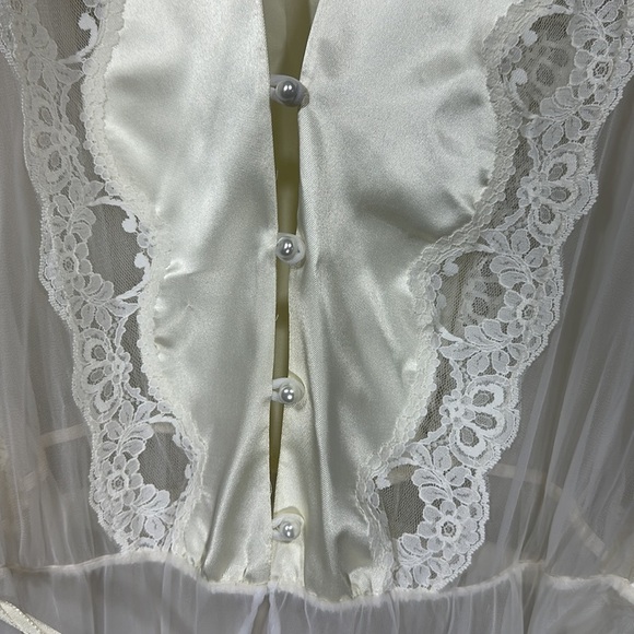 Angelic Bridal Lace Tule Satin Bow Robe Lingerie pearl buttons night gown Ivory - Picture 3 of 10